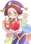  1boy book brown_hair collared_shirt glasses green_eyes hat holding holding_book jacket klug_(puyopuyo) long_sleeves looking_at_viewer moon_(symbol) pants pointing purple_headwear purple_jacket purple_pants puyopuyo shirt smile speech_bubble star_(symbol) v-shaped_eyebrows white_background white_shirt white_sleeves xox_xxxxxx 