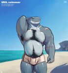  absurd_res anthro armpit_hair aviesergal beach belly biceps blue_sky body_hair bulge chest_hair clothed clothing drawstring facial_piercing fish hairy_belly happy_trail hi_res lip_piercing looking_at_viewer male marine musclegut muscular nipple_piercing nipples pecs piercing sand scar seaside shark sky slightly_chubby smile solo swimsuit_only swimwear topless water 