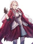  1girl armor breasts cape closed_mouth edelgard_von_hresvelg fire_emblem fire_emblem:_three_houses fire_emblem_warriors:_three_hopes gloves hair_ornament hair_ribbon highres long_hair looking_at_viewer official_alternate_costume purple_eyes ribbon shidanna simple_background skirt solo white_hair 