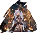  1girl :o animal_ears azur_lane black_footwear black_ribbon black_thighhighs blue_eyes cat cat_ears collar covered_navel demon_tail demon_wings expressions hair_tie halloween halloween_costume highres house jack-o&#039;-lantern janus_(azur_lane) janus_(fright-night_scaredy-cat)_(azur_lane) lantern long_hair mimoza_(96mimo414) official_alternate_costume official_art petite pumpkin ribbon scrunchie tail thighhighs torn_clothes torn_legwear very_long_hair white_hair wings wrist_scrunchie 