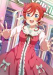  1girl absurdres al_aoi_aoba bangs birthday blue_eyes blush commentary dress embarrassed hair_bun hair_ribbon highres long_sleeves looking_at_viewer love_live! love_live!_superstar!! red_dress red_hair ribbon single_side_bun smile solo yoneme_mei 