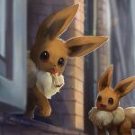  :3 animal_focus apple apple_core artist_name blurry blurry_background blurry_foreground brown_eyes closed_mouth commentary_request day eevee fluffy food fruit fur_collar happy looking_at_another momomo12 mouth_hold no_humans open_mouth outdoors pokemon pokemon_(creature) signature smile standing twitter_username 