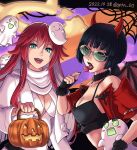  2girls bangs bare_shoulders black_hair black_lips bob_cut breasts broken_halo candy cleavage collarbone cut_bangs dated demon_horns demon_wings fake_horns fake_wings food from_below fur-trimmed_gloves fur_choker fur_trim ghost gloves guilty_gear guilty_gear_strive halloween halloween_costume halo highres horns i-no jack-o&#039;-lantern jack-o&#039;_valentine jacket lipstick lollipop long_hair looking_at_viewer makeup medium_breasts midriff multiple_girls pink_lips red_hair red_jacket short_hair smile sptn_00 sunglasses teeth twitter_username upper_teeth wings 