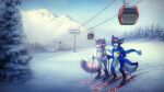  16:9 2017 anthro blep blue_body blue_fur blue_sky canid cheek_tuft chest_tuft closed_smile dated duo elbow_tuft eyes_closed eyewear eyewear_on_head facial_tuft featureless_crotch fluffy fluffy_tail fur glistening glistening_eyes goggles goggles_on_head happy hill male mammal mountain mouth_closed mylafox open_mouth open_smile outside pink_body pink_fur plant shoulder_tuft signature sky smile snow standing tongue tongue_out tree tuft white_body white_fur widescreen yellow_eyes 