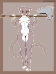  2022 3:4 4_toes 5_fingers absurd_res anthro axe breasts brown_body brown_fur feet felid feline female fingers full-length_portrait fur genitals hi_res holding_object holding_weapon looking_at_viewer mammal melee_weapon navel nipples nude portrait pussy smile solo standing the_man toes weapon white_body white_fur 