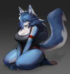  2022 anthro armband barefoot big_breasts black_nose blue_body blue_eyes blue_fur blue_hair bottomwear breasts canid canine cleavage clothed clothing eyebrow_through_hair eyebrows eyelashes feet female fox fur gradient_background hair hi_res inner_ear_fluff long_hair looking_at_viewer mammal multicolored_body multicolored_fur pawpads shirt shorts simple_background smile soles solo tank_top thick_thighs topwear translucent translucent_hair tuft two_tone_body two_tone_fur white_body white_fur woobin94 