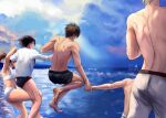  2girls 3boys absurdres armin_arlert artist_name bikini black_bikini black_hair blonde_hair blue_sky blustock brown_hair eren_yeager highres holding_hands jumping male_swimwear mikasa_ackerman multiple_boys multiple_girls ocean open_clothes open_shirt ponytail reiner_braun sasha_braus shingeki_no_kyojin short_hair sky swim_trunks swimsuit watermark white_bikini 