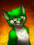  2018 3:4 abstract_background anthro canid cheek_tuft chest_tuft dated digital_media_(artwork) digital_painting_(artwork) eyewear facial_tuft fangs fur glasses glistening glistening_eyes green_body green_fur green_hair green_nose grin hair half-length_portrait looking_at_viewer male mammal mylafox neck_tuft nude orange_eyes portrait short_hair shoulder_tuft signature smile solo square_glasses text tuft url white_body white_fur 