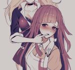  2girls apron bangs black_bra black_choker black_nails blush bra breasts choker cleavage collarbone collared_shirt cowboy_shot danganronpa:_trigger_happy_havoc danganronpa_(series) danganronpa_2:_goodbye_despair enoshima_junko finger_to_another&#039;s_mouth grey_background head_out_of_frame highres index_finger_raised kkochmeli large_breasts long_hair miniskirt multiple_girls nail_polish pink_shirt pleated_skirt puffy_short_sleeves puffy_sleeves red_eyes red_skirt shiny shiny_hair shirt short_sleeves simple_background skirt tsumiki_mikan twintails two-tone_shirt underwear 