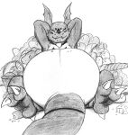  2013 3_toes anthro bandai_namco basket belly big_belly bread bread_loaf claws container crumbs digimon digimon_(species) eyes_closed feet food front_view guilmon hands_behind_head head_wings leaning leaning_back male nude obese obese_anthro obese_male overweight overweight_anthro overweight_male pile reagan700 scalie sitting sketch smile solo spread_legs spreading toe_claws toes wings 