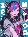  1girl :d bangs black_gloves black_hair black_sailor_collar blue_hair danganronpa_(series) danganronpa_2:_goodbye_despair ear_piercing gloves green_background grey_shirt hair_horns hand_up highres long_hair looking_at_viewer mioda_ibuki mouth_piercing multicolored_hair neckerchief open_mouth piercing pink_eyes pink_gloves pink_hair pink_neckerchief ru-pe_(gstm_0915) sailor_collar school_uniform serafuku shirt short_sleeves smile solo striped striped_gloves white_hair 