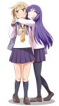  2girls :d black_sailor_collar black_skirt black_socks blonde_hair brown_footwear closed_eyes full_body hinata_yukari hug ichii_yui ki_(adotadot) long_hair long_sleeves looking_to_the_side multiple_girls neckerchief open_mouth pleated_skirt purple_hair sailor_collar school_uniform serafuku skirt smile socks standing white_serafuku yellow_eyes yellow_neckerchief yuyushiki yuyushiki&#039;s_school_uniform 