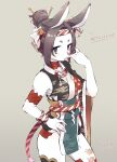  2022 5_fingers accessory anthro asian_clothing bell biped black_eyes black_hair black_nose breasts clothed clothing east_asian_clothing female female_anthro fingers fur grey_background hair hair_accessory hair_sticks hi_res kuto_nono_(nofacelord) lagomorph leporid looking_at_viewer mammal mouth_closed multicolored_clothing niwa827 rabbit raised_hand simple_background solo standing white_body white_fur 