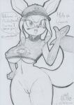  2022 anthro blush bodily_fluids bottomless breasts cleft_of_venus clothed clothing dialogue eeveelution female generation_4_pokemon genital_fluids genitals glaceon graphite_(artwork) hand_on_hip hat headgear headwear holly_(lunaris_parukia) holowear_(pokemon) looking_at_viewer lunaris_parukia navel nintendo nipple_outline open_mouth open_smile pokemon pokemon_(species) pokemon_unite pokemorph pussy pussy_juice smile smiling_at_viewer speech_bubble talking_to_viewer topwear traditional_media_(artwork) under_boob video_games 