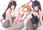  3girls absurdres animal_ears backless_outfit bangs bare_arms bed_sheet black_bow black_hair black_hairband black_leotard black_ribbon blonde_hair blue_eyes blush bow bowtie breasts brown_eyes cleavage closed_mouth collarbone crossed_legs detached_collar fake_animal_ears fake_tail fang fang_out grey_pantyhose hair_between_eyes hair_ribbon hairband highres kasumigaoka_utaha katou_megumi large_breasts leotard long_hair looking_at_viewer lying marie_(pixiv31942978) medium_breasts multiple_girls on_back pantyhose pink_bow pink_bowtie pink_leotard playboy_bunny rabbit_ears rabbit_tail red_eyes ribbon saenai_heroine_no_sodatekata sawamura_spencer_eriri shiny shiny_hair sitting skin_fang small_breasts smile strapless strapless_leotard tail very_long_hair white_hairband white_leotard wing_collar wrist_cuffs 