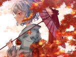  1girl alternate_costume autumn_leaves bad_anatomy bangs blue_hair blue_kimono dated from_side holding holding_umbrella japanese_clothes karumera kimono long_sleeves oil-paper_umbrella open_mouth red_eyes red_umbrella short_hair signature solo tatara_kogasa touhou umbrella upper_body white_background 