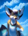  2018 anthro big_ears black_body black_fur black_hair blue_background blue_body blue_fur blue_hair blue_sky canid canine closed_smile cloud dated dipstick_ears fennec fox front_view fur glistening glistening_eyes green_eyes hair half-length_portrait hand_on_hip looking_at_viewer male mammal mouth_closed multicolored_body multicolored_ears multicolored_fur multicolored_hair mylafox nude outside portrait signature simple_background sky solo standing tan_body tan_fur white_body white_fur white_hair 