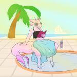  2021 absurd_res alcohol amphibian anthro axolotl beach beverage black_clothing bra breasts clothed clothing cocktail colored detailed_background digital_drawing_(artwork) digital_media_(artwork) digitigrade drinking_straw female fin frill_(anatomy) glass hand_on_tail hi_res holding_object hybrid ice keinga kobold liquid looking_at_object marine mole_salamander palm_tree partially_clothed pink_body plant pool reading salamander_(amphibian) sand seaside shaded ship sitting soft_shading solo thick_tail tile tree underwear vehicle water watercraft 