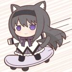  1girl akemi_homura animal_ears black_hair black_hairband blush cat_ears cat_girl cat_tail chibi closed_mouth hairband long_hair long_sleeves looking_at_viewer lowres mahou_shoujo_madoka_magica outstretched_arms purple_eyes skateboard skirt smile solo speed_lines spread_arms standing tail yuno385 