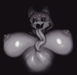  anthro big_breasts black_background black_sclera breasts canid canine demon female fox hi_res huge_breasts hybrid long_tongue looking_at_viewer mammal medium_hair monochrome nipples nude open_mouth pupils simple_background solo tongue tongue_out ttothep_arts white_pupils 