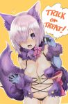  1girl animal_ears ass_visible_through_thighs bikini black_bikini breasts cleavage commentary cowboy_shot elbow_gloves english_text fate/grand_order fate_(series) flying_sweatdrops frown fur-trimmed_gloves fur_collar fur_trim gloves hair_over_one_eye halloween halloween_costume highres large_breasts leaning_forward looking_at_viewer mash_kyrielight mash_kyrielight_(dangerous_beast) navel open_mouth orange_background outline purple_eyes purple_gloves purple_tail revealing_clothes short_hair solo speech_bubble standing sutora_binsuke swimsuit tail thigh_gap trick_or_treat white_outline wolf_ears wolf_tail 