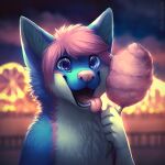  1:1 amusement_ride anthro blue_body blue_eyes blue_fur blurred_background bust_portrait candy canid cheek_tuft chest_tuft dessert facial_tuft ferris_wheel food front_view fur glistening glistening_eyes hair looking_at_viewer male mammal mylafox neck_tuft nude open_mouth open_smile pink_body pink_fur pink_hair pink_nose pink_tongue portrait smile solo text tongue tongue_out tuft url white_body white_fur 