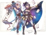  2girls absurdres alternate_costume armpits bangs barefoot black_hair boots breasts card clear_glass_(mildmild1311) cleavage cloak fire_emblem fire_emblem_awakening fire_emblem_fates gloves hand_on_hip hand_up hat highres holding holding_scroll kana_(fire_emblem) kana_(fire_emblem)_(female) looking_at_viewer morgan_(fire_emblem) morgan_(fire_emblem)_(female) multiple_girls ninja open_mouth phantom_thief scarf scroll short_hair small_breasts smile watermark white_hair 