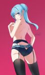  1girl arusuko ass black_panties black_thighhighs blue_eyes blue_hair breasts butt_crack cowboy_shot floating_hair from_behind garter_belt highres long_hair looking_at_viewer looking_back magia_record:_mahou_shoujo_madoka_magica_gaiden mahou_shoujo_madoka_magica medium_breasts minami_rena one_side_up panties red_background shiny shiny_hair shoulder_blades sideboob simple_background solo standing thighhighs topless underwear underwear_only 