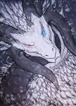  2022 ambiguous_gender blue_eyes dated dragon feathered_dragon feathers feral grey_body grey_horn grey_scales heterochromia hi_res horn khyaber looking_at_viewer mouth_closed multi_horn pupils red_eyes scales signature slit_pupils solo white_body white_feathers 