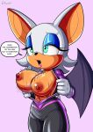  2022 anthro areola black_nose bodily_fluids breasts chiropteran dialogue digital_media_(artwork) english_text eyelashes eyeshadow female fours_(artist) hi_res makeup mammal nipples open_mouth rouge_the_bat sega simple_background solo sonic_the_hedgehog_(series) sweat text 