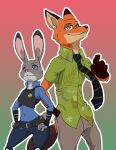  2018 anthro belt bottomwear canid canine claws clothed clothing disney duo ears_up female fox fur half-closed_eyes judy_hopps lagomorph leporid looking_at_viewer male mammal narrowed_eyes necktie nick_wilde pants police_badge police_uniform rabbit reagan700 shirt smile smiling_at_viewer standing teeth topwear uniform wide_eyed zootopia 