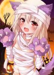  1girl animal_ears animal_hands bangs bare_shoulders blush breasts fate/kaleid_liner_prisma_illya fate_(series) gloves hair_between_eyes halloween_costume highres illyasviel_von_einzbern long_hair looking_at_viewer mochi_(k620803n) open_mouth paw_gloves red_eyes sidelocks small_breasts smile solo tail white_hair wolf_ears wolf_tail 