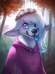  2018 3:4 anthro blep blue_body blue_fur blue_hair blue_tongue blurred_background canid cheek_tuft closed_smile clothed clothing dated ears_back facial_markings facial_tuft female forest front_view fur hair half-length_portrait head_markings long_hair mammal markings mouth_closed multicolored_hair mylafox neck_tuft one_eye_closed pink_clothing pink_eyes pink_markings pink_topwear pivoted_ears plant portrait pupils purple_pupils shrub signature solo standing text tongue tongue_out topwear tree tuft two_tone_hair url white_body white_fur white_hair 