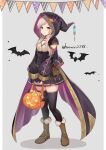  1girl alternate_costume animal_print bat_print black_thighhighs blush bridal_gauntlets brown_eyes brown_footwear buttons candy closed_mouth commentary_request fire_emblem fire_emblem_awakening food food-themed_hair_ornament full_body grey_hair hair_ornament halloween halloween_bucket halloween_costume haru_(nakajou-28) highres hood hood_up long_hair looking_at_viewer pumpkin_hair_ornament robin_(fire_emblem) robin_(fire_emblem)_(female) smile solo thighhighs twintails twitter_username 