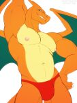  2022 anthro biped blue_eyes bulge charizard clothed clothing digital_media_(artwork) generation_1_pokemon green_membrane hand_behind_head hi_res horn looking_at_viewer male membrane_(anatomy) multicolored_body muscular muscular_anthro muscular_male navel nintendo nipples orange_body pecs pink_nipples pokemon pokemon_(species) pose rustymiko simple_background smile smiling_at_viewer solo underwear underwear_only video_games white_background yellow_body 