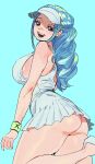  1girl absurdres alternate_costume alternate_hairstyle ass ass_focus back blue_hair blush breasts highres huge_ass large_breasts long_hair looking_at_viewer nefertari_vivi one_piece open_mouth sideboob skirt smile solo sportswear tennis tennis_uniform thick_thighs thighs visor_cap whoopsatro 