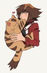  &gt;_&lt; 1boy animal aoki_(fumomo) bangs black_shirt blush_stickers broken_heart brown_eyes brown_hair cat cropped_torso duel_academy_uniform_(yu-gi-oh!_gx) fluffy hair_between_eyes highres holding holding_animal holding_cat jacket long_sleeves male_focus multicolored_hair pharaoh_(cat) pouty_lips pushing_away red_jacket shirt short_hair two-tone_hair yu-gi-oh! yu-gi-oh!_gx yuuki_juudai 