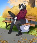  2021 2022 anthro autumn balls bench big_balls big_penis biped black_hair black_nose black_penis boosterpang boots bottomwear breath caleb_(dingah) canid canine canis clothing digital_media_(artwork) dingo footwear foreskin freckles fur genitals hair hi_res huge_balls huge_penis hyper hyper_genitalia hyper_penis looking_at_viewer male mammal outside pants penis plant retracted_foreskin sitting_on_bench smile smiling_at_viewer solo sweaters tree white_balls white_body white_fur 