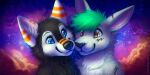  2018 2:1 anthro black_body black_fur blue_eyes canid cheek_tuft chest_tuft closed_smile cosmic_background digital_media_(artwork) digital_painting_(artwork) duo eye_contact eyelashes facial_tuft female fur glistening glistening_eyes green_hair grey_body grey_fur hair head_tuft inner_ear_fluff kangaroo looking_at_another macropod male mammal marsupial mouth_closed mylafox nebula neck_tuft nude orange_eyes short_hair space space_background star striped_ears text tuft url white_body white_fur 