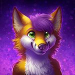  1:1 2017 abstract_background ambiguous_gender anthro bust_portrait canid canine closed_smile countershading digital_media_(artwork) digital_painting_(artwork) fox front_view fur glistening glistening_eyes green_eyes hair happy mammal mouth_closed mylafox nude orange_body orange_fur portrait purple_hair short_hair solo text url white_body white_fur 