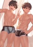  2boys abs black_hair black_male_underwear boxer_briefs brown_hair closed_mouth green_male_underwear highres male_focus male_underwear multiple_boys navel nayoshi_(r-744) nipples open_mouth original pectorals short_hair smile toned toned_male underwear v 