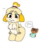  2022 animal_crossing anthro bite biting_lip biting_own_lip blush bodily_fluids breasts canid canine canis clothing domestic_dog duo embarrassed facial_markings female genitals hair head_markings isabelle_(animal_crossing) korean_text male mammal markings mask_(marking) navel nintendo nipples nude pussy raccoon_dog self_bite shirt short_stack simple_background sweat tanuki text tom_nook_(animal_crossing) topwear tristana_gllant video_games white_background 