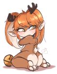  2022 anthro antlers bell blush butt cervid female hi_res horn league_of_legends looking_back mammal nude pigtails poppy_(lol) red_nose riot_games simple_background solo tristana_gllant video_games white_background young 