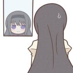  1girl akemi_homura black_hair black_hairband blush chibi closed_mouth different_reflection from_behind fumo_(doll) hairband long_hair long_sleeves looking_at_mirror lowres mahou_shoujo_madoka_magica mirror reflection smile solo sweatdrop yuno385 