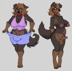  2022 absurd_res anthro big_breasts blush breasts brown_body brown_fur brown_hair canid canine canis clothing domestic_dog erection fur genitals gynomorph hair hi_res intersex kame-sama88 knot mammal mastiff molosser nipples nude penis rosstherottie rottweiler roz_(rosstherottie) simple_background smile solo standing surprise 