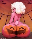  absurd_res afro anthro big_butt black_sclera bodypaint bubble_butt butt hair halloween hi_res holidays huge_butt humanoid jack-o&#039;-lantern looking_at_viewer looking_back male nub_tail nude paint puffy_hair rear_view reptile scalie short_tail sitting small_tail snake solo thick_thighs toxy_squishy white_hair wide_hips 