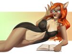  adjusting_glasses amur anthro blush book breasts brown_body brown_fur cervid clothed clothing eyewear female fur glasses green_eyes hair jewelry long_hair looking_at_viewer lying mammal mostly_nude necklace nipples on_side open_book orange_hair skimpy solo translucent translucent_clothing 