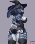  2022 anthro artist_name breasts cleavage clothed clothing female fur green_eyes halloween hat headgear headwear hi_res holidays lagomorph leporid mammal mr-shin patreon patreon_logo rabbit side_boob simple_background smile solo striped_body striped_fur stripes witch_hat year 