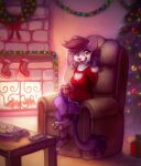 2018 anthro armchair bottomless brown_hair chair christmas christmas_decorations christmas_tree clothed clothing controller cookie crossed_legs dated eyelashes fangs felid female food full-length_portrait fur furniture game_controller glistening glistening_eyes hair holidays inside looking_at_viewer mammal mylafox on_armchair open_mouth open_smile pink_eyes plant playstation playstation_controller portrait purple_body purple_fur red_clothing red_tongue red_topwear signature sitting smile solo sony_corporation sony_interactive_entertainment three-quarter_view tongue topwear tree video_games white_body white_fur 