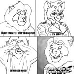  anonymous_artist anthro approval black_lips clothing comic covering covering_eyes covering_face disney duo felid female ghost hi_res humanoid hyaenid jacket lion lips male male/female mammal mane meme monochrome mufasa no_pupils pantherine shenzi simba smile spirit spotted_hyena text the_lion_king topwear worried_look 